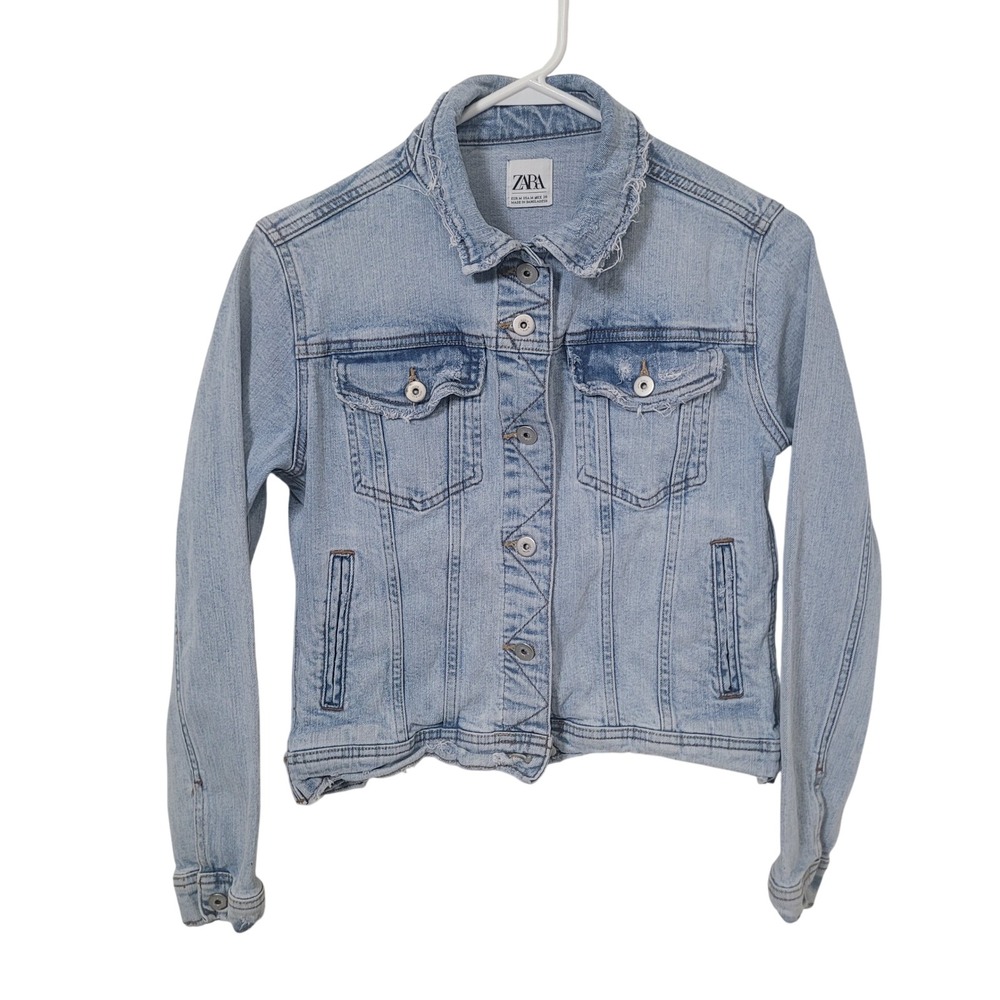 Zara Medium Denim Jacket Women Light Wash Distressed Raw Hem Casual Button Up